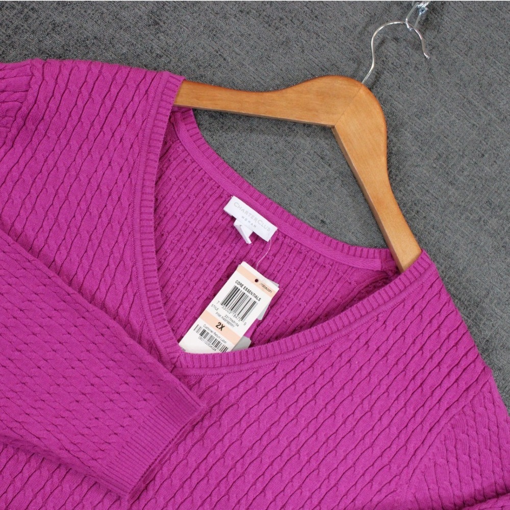 Charter Club Woman V-Neck Cable Knit Sweater 2X Pink Raspberry 2317PKR154